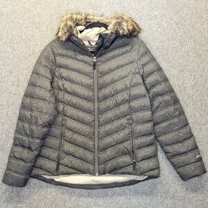 Eddie Bauer Womens Large Gray Down Filled Puffer Jacket Fur Hooded Parka Coat